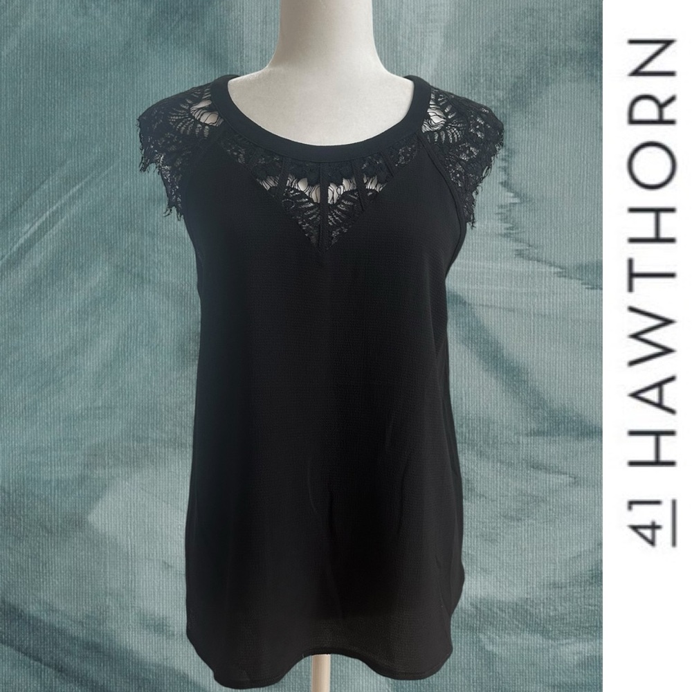 NWT 41 Hawthorn Black Jarred Lace Detail Cap-Sleeve Blouse, Size M, MSRP $58 - Picture 3 of 10